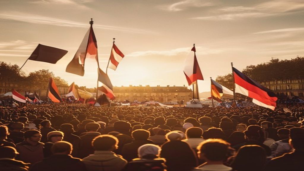 Rassemblement citoyen illustratif au coucher du soleil